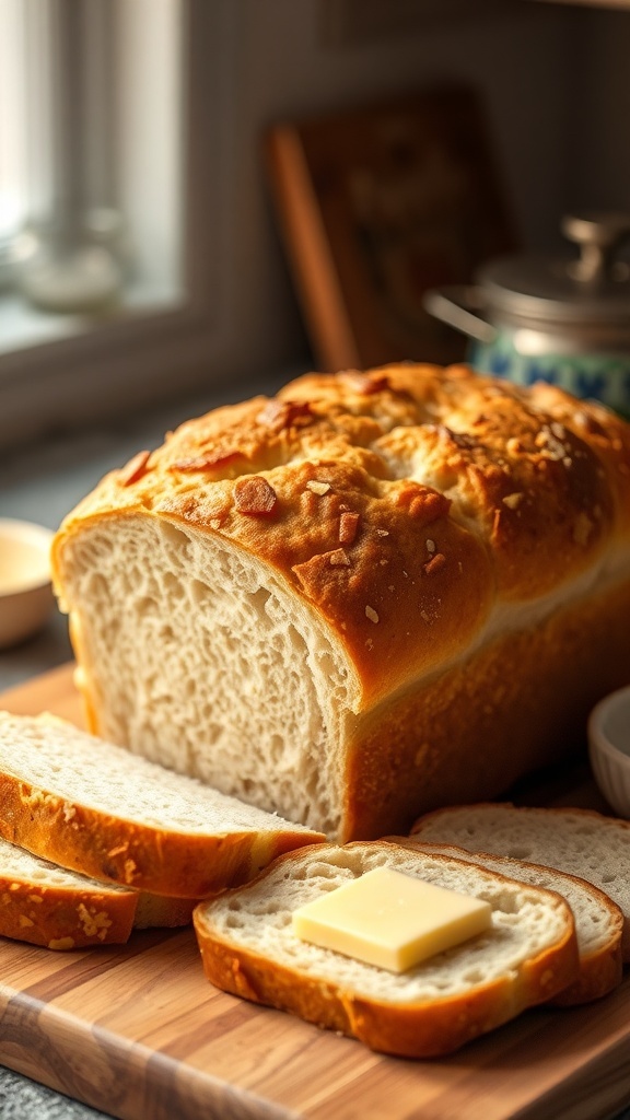 Simple White Bread Recipe for Bread Machine Freshly baked white bread loaf sliced on a wooden board with butter.